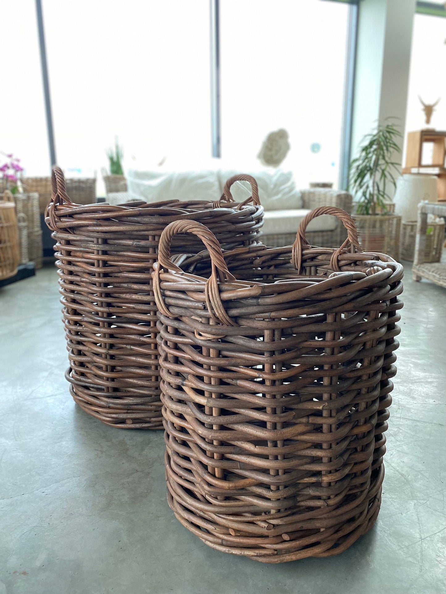 Premium Rattan Basket in 2-set runa in dark brown with wheels